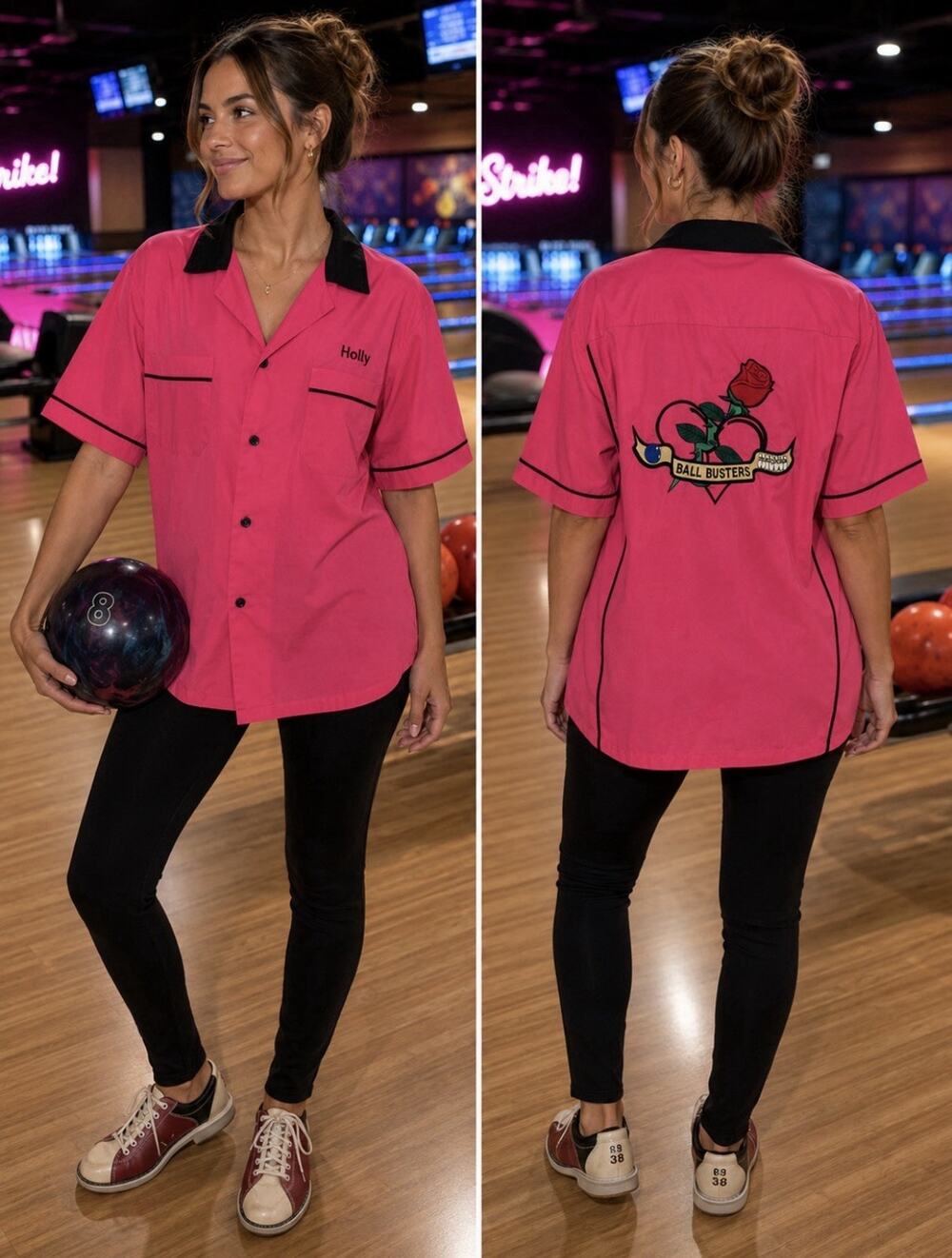 Hilton Retro Bowling Pink Black Embroidered Button Front Bowling Shirt Sz 2x